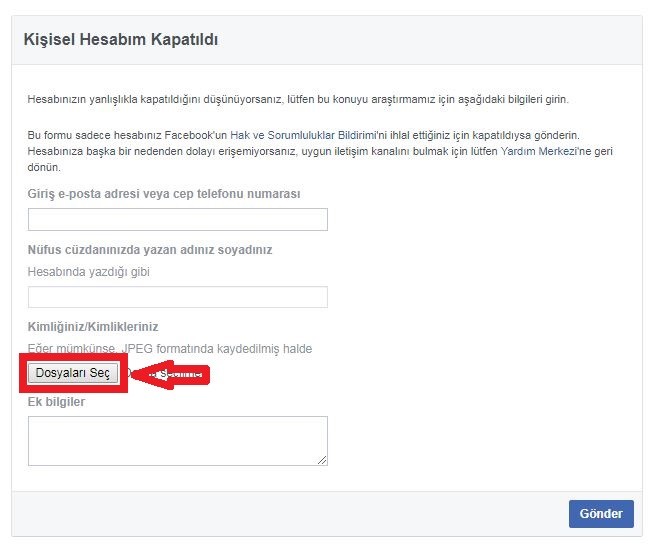 Facebook hesap kapatilma itiraz formu