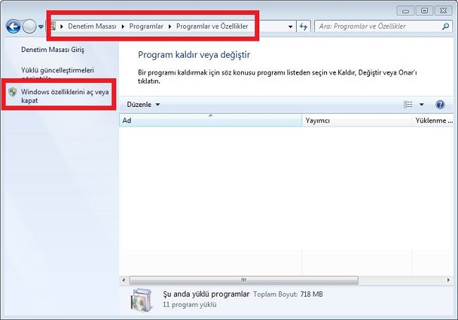 Windows ozelliklerini ac kapat