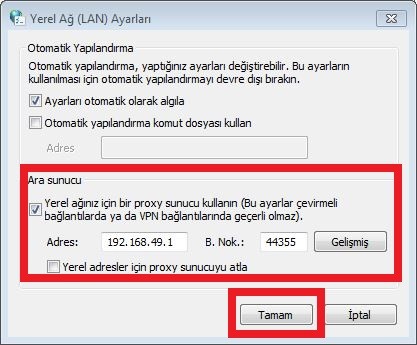 Yerel ag ayarlari proxy kullanimi