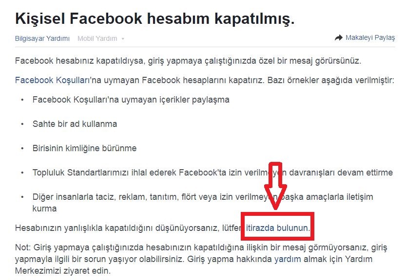 facebook hesabim kapatilmis