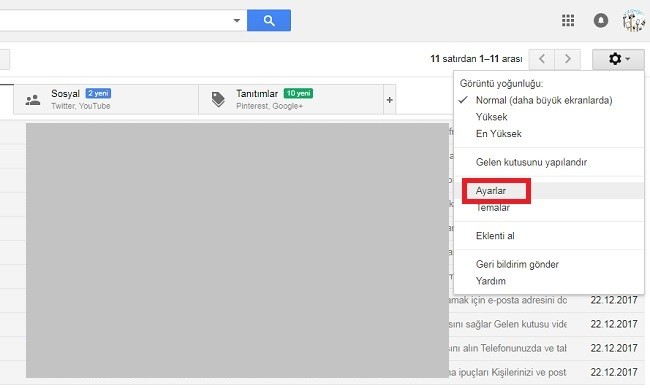 Gmail Ayarlar Menusu