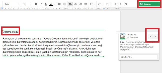 Google Dokumanlar Onerme Modu